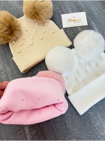 Resim pempem bandana kız bebek çocuk incili, iri peluş ponponlu kaşkorse bere set 