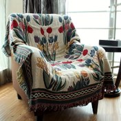 Resim Vintage Amerikan Tulip Çiçekli Atma Battaniyesi - Yumuşak Polyester, Canlı Kırmızı, Sarı, Turuncu ve Yeşil Çiçekler ile Çift Taraflı Tasarım, Kanepe, Yatak, Kamp ve Seyahat için Fringe Kenarları - Tüm Mevsim Konforu, Tüm Mevsim Atma | Dekoratif Atma | Jakar Dokuma, Tulip Dekor 