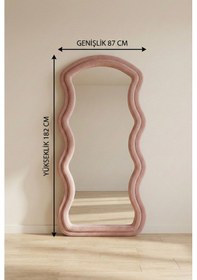 Resim Ayaklı Kumaşlı Boy Aynası - Modern Dalgalı Tasarım Büyük Boy Ayna 182x87 Cm Pembe 