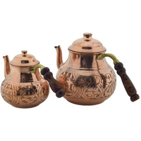 Resim El Işlemeli Desenli Ahşap Saplı Bakır Çaydanlık Mod23 