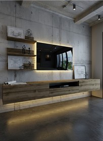 Resim Resital Ledli Duvara Monte Tv Sehpası - Ceviz - W6018-2 Çok Renkli 