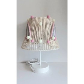 Resim Makrome Ip Sargı Renkli Aplikeli Çiçek Ponponlu Kız Bebek ve Çocuk Odası Abajur 