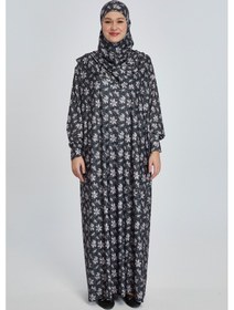 Resim Manolyaşal İslamic Hijab Pratik Tek Parça Manolya Desenli Namaz Elbisesi Koyu Siyah 