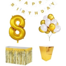 Resim 8 Yaş Beyaz Gold Balon Rakam Folyo Banner Mısır Kutusu Masa Eteğ 