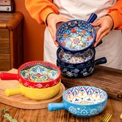 Resim 22.1 cm boyutunda kulplu Bohem seramik salata kasesi, mikrodalga ve fırın güvenliği, evde pişirme ve servis yapmak için mükemmel 