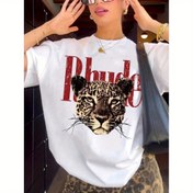 Resim Y2K Vintage Leopar ve Cesur Harf Baskılı Kadın Tişörtü - Geniş Kesim Rahat Kısa Kollu Üst, Orta Esneklikte Makinede Yıkanabilir Günlük Giyim için Tee, Her Mevsime Uygun | Büyük Beden Tişört | Şeffaf Olmayan Malzeme 