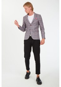 Resim Sposo 5138 Dar Kalıp Kare Desenli Bordo Erkek Blazer Ceket Bordo 