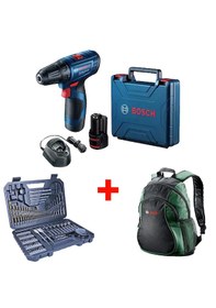 Resim Bosch Professional GSR 120-LI Çift Akülü Delme Vidalama + Bosch Sırt Çantası + Bosch V-Line 103 Parça Aksesuar Seti 