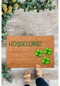 Resim Şans Yoncası Yeşil Kapı Önü Paspası, Hoş Geldiniz Yazılı Paspas 