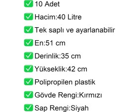 Resim Akdenizpos Tekerlekli Plastik Market Alışveriş El Sepeti 40 Litre Kırmızı 10 Adet 