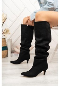 Resim Syt-2001 Siyah Süet Körüklü Topuklu Günlük Bayan Çizme-b Siyah Süet Siyah 