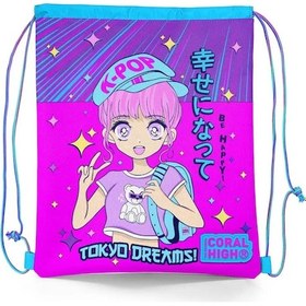 Resim Coral High Kids Mor Pembe Mavi K-pop Desenli İpli Büzgülü Sırt Çantası 22477 Pembe 