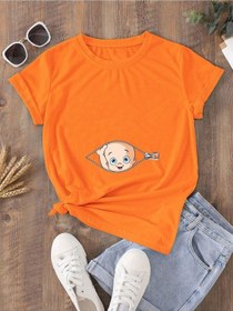 Resim Hamile Gebe T-shirt Bebek Fermuar Baskılı - Turuncu Bisiklet Yaka Oversize Tişört 