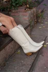 Resim ELİSHA BUTİK Arrow Ekru Renkli Hakiki Deri Kadın Western Topuklu Çizme 