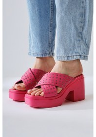 Resim Zion Fuşya Kalın Çapraz Bantlı Zımba Detaylı Platformlu Terlik 001 