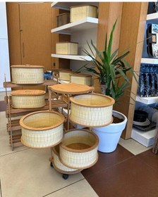 Resim Ahşap Yuvarlak Sebzelik 4 Katlı Yana Açılır Patates Soğan Tekerlekli Sebzelik Krem Krem 