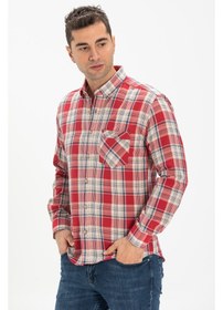Resim Uzun Kol Şile Bezi Tek Cepli Erkek Gömlek Kırmızı Lacivert Ekose Kırmızı - Lacivert 