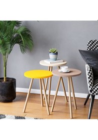 Resim Renkli Üçlü Zigon Sehpa Ahşap Ayaklı Yuvarlak Pastel Tasarım Sarı Krem Cappuccino 