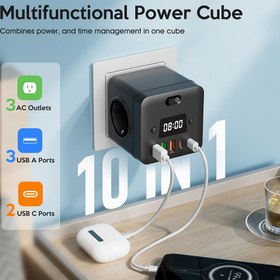 Resim 3 AC Çıkışı, 3 USB-A ve 2 USB-C Portu, Dahili Zaman Göstergesi ile Kompakt Çok Fonksiyonlu Güç Kübü - Duvara Monte Edilebilir, Aşırı Gerilim Koruması, Seyahat, Ev, Ofis ve Yurt için İdeal, Siyah, Prizler için Güç Şeritleri 