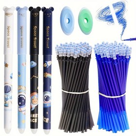 Resim Silinebilir Jel Kalem Seti Yedeklerle, İnce Uç 0,5 mm, Uzay Temalı Siyah ve Mavi Mürekkepli Kalemler, 20 Ek Yedek ve 2 Silgi ile 4 Roller Kalem, Ofis ve Okul Kırtasiyesi için Sihirli Yazma Kalemleri. 
