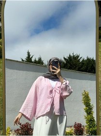 Resim SAMSA önü bağlamalı 2 bağcıklı kimono gömlek modern tesettür şık yeni sezon etek üstü kimono 