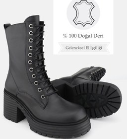 Resim Kadın Siyah Hakiki Doğal Deri Bağcıklı Bot & Bootie Siyah 
