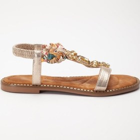 Resim Kadın Düz Topuklu Sandalet Altın Taşlı Tokalı Tekbant Örgü Baretli-4038 Altın 