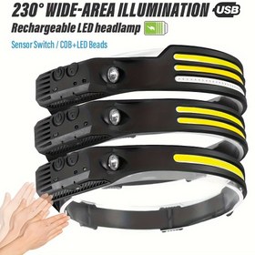 Resim Şarj Edilebilir COB İndüksiyon Baş Feneri, Süper Parlak LED El Feneri, Geniş Aydınlatma Alanı, Dahili Pil, USB Şarjlı, 5 Aydınlatma Modu, Balıkçılık, İş, Macera ve Yürüyüş İçin Uygun 