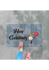 Resim Dijital Baskılı Kapı Önü Paspas Hoşgeldiniz Yazılı Çiçek Desen Ve Kedi Iç Ve Dış Kapı Yıkanabilir Pembe 