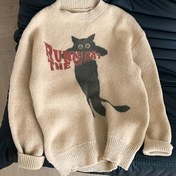 Resim Kadınlar için "Dünya Koşuyor" Grafikli Kazak - Sıcak Krem Renkli Yuvarlak Yaka Kazak, Sonbahar ve Kış için Mükemmel, Oyun Sever Kedi Tasarımı | Ribana Manşetli Kazak 