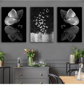 Resim Kelebek Kanvas Tablo Gümüş 3 Parça Set 82 