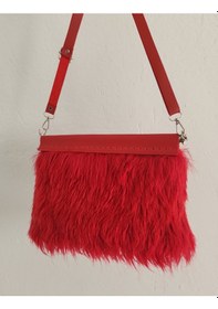 Resim Kırmızı Tüylü,suni Deri Altıgen Yaylı Burslu Kadın Clutch Çanta Kırmızı 