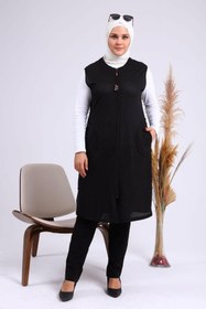 Resim Kadin Buyuk Beden Petek Kumaş Cepli Fermuarlı Düğmeli Yelek - Lacivert / XL 