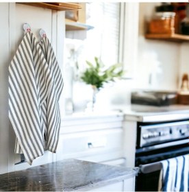 Resim Çizgili Açık Mavi Yıkanmış Keten Dekoratif Mutfak Kurulama Bezi H 