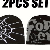 Resim 2 Parça Set [Örümcek Ağı + ICON Hip Hop Bere Şapka Y2K Moda Soğuk Hava Termal Erkek & Kadın Trend Bere 