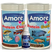 Resim AMORE Elite 50-Protein Red Algae Chips Ve 48-protein Garlic 1000 ml Malawi Balık Yemi ve Contrablue 