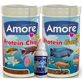 Resim AMORE Elite 50-Protein Red Algae Chips Ve 48-protein Garlic 1000 ml Malawi Balık Yemi ve Contrablue 