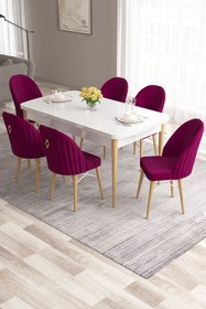 Resim Canisa Roz Serisi 80x132 Mdf Beyaz Doğal Ahşap Ayaklı Masa Takımı Ve 6 Mürdüm Sandalye 