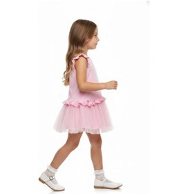 Resim Toontoy Kids Toontoy Kız Çocuk Regular Fit Bisiklet Yaka Fırfır Kol Fiyonk Detaylı Tüllü Elbise 25047 Pembe 