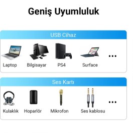 Resim VegGieg USB Harici Ses Kartı Adaptörü 3.5mm Kulaklık ve Mikrofon Girişli 