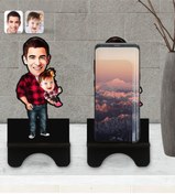 Resim Bk Gift Kişiye Özel Baba Kız Karikatürlü Ahşap Biblo Telefon Standı-2 