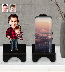 Resim Bk Gift Kişiye Özel Baba Kız Karikatürlü Ahşap Biblo Telefon Standı-2 