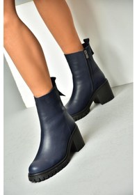 Resim Fox Shoes R654006503 Lacivert Hakiki Deri Kalın Topuklu Kadın Bot Lacivert 