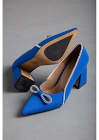 Resim Dilimler Ayakkabı Saten Taşlı Kalın Topuk Mavi Kadın Stiletto-2031-Mavi 