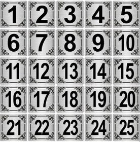 Resim Metal Kapı,Masa,Dolap Numarası 10x10cm 25 adet (1..25) Gümüş Renk Metal 