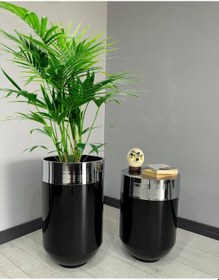 Resim Dekoratif Krom Darbuka Parlak Siyah Saksı 70cm + Sehpa 60cm İkili Set 
