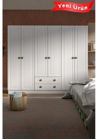 Resim Bohem 6 Kapak 2 Çekmece Mdf Kapak Gardırop Beyaz 