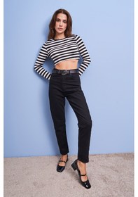Resim Itsbasic Kadın Siyah Renk %100 Koton Mom Fit Kemerli Denim Jean 