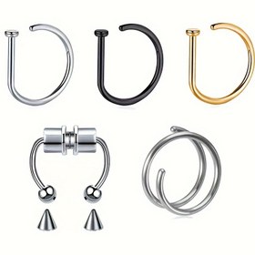 Resim Parça Paslanmaz Çelik Manyetik Burun Klips Seti - Gunmetal D Tipi Deliksiz Burun Halkası, Manyetik Emişli Sahte Burun Erkekler & Kadınlar İçin, Geçici Burun (Delme Gerekmez) 