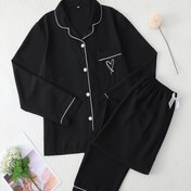 Resim Kalp Desenli Pijama Takımı, Uzun Kollu Düğmeli Üst & Lastikli Bel Pantolon, Kadınlar için Sonbahar Uykuluk ve Rahat Giyim 